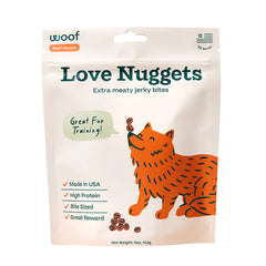WOOF Love Nuggets bag-front, on-the-go training rewards for your dog.