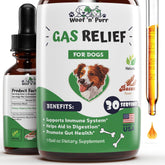 Woof 'n' Purr gas-relief dog tincture bottle for quick digestive comfort.