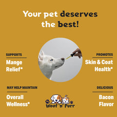 Woof 'n' Purr mouth-drops-administration illustrates direct oral dosing for hassle-free use.