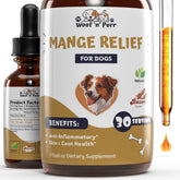 Woof 'n' Purr natural mange treatment bottle label highlights a gentle skin-soothing formula.