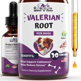 Woof n Purr Valerian Root for Dogs bottle closeup promotes calm in anxious pups.
