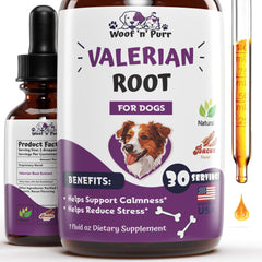 Woof n Purr Valerian Root for Dogs bottle closeup promotes calm in anxious pups.