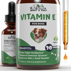 Woof 'n' Purr Vitamin E for Dogs bottle—premium supplement for skin, coat, and overall vitality.