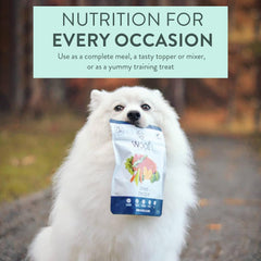 Woof New Zealand Green Mussels highlight joint-supporting ingredients for canine wellness.