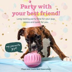 WOOF Party Pupsicle durable natural rubber demonstrates safe chewing for dogs of all sizes.