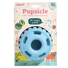 WOOF Party Pupsicle front view in Buddy Blue highlighting durable rubber for long-lasting chewing.