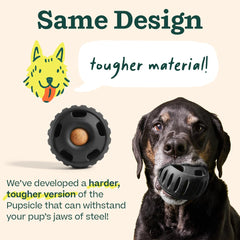 WOOF Power Chewer Pupsicle treat slot demonstrates mess-free interactive enrichment.