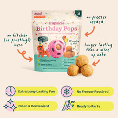 WOOF Pupsicle Birthday Pops no-freeze format for quick treats.