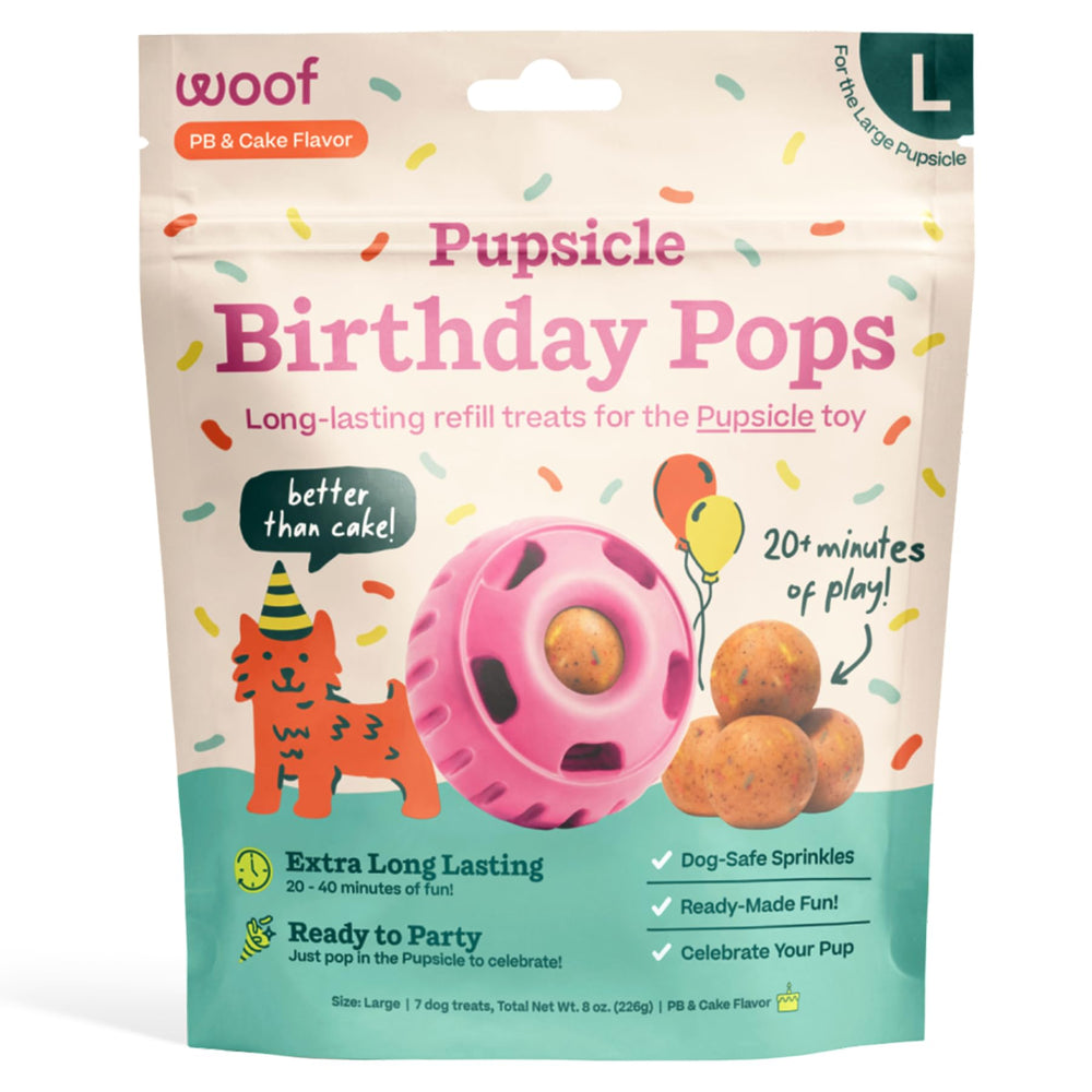 WOOF Pupsicle Birthday Pops packaging signals wholesome ingredients for dog birthdays.