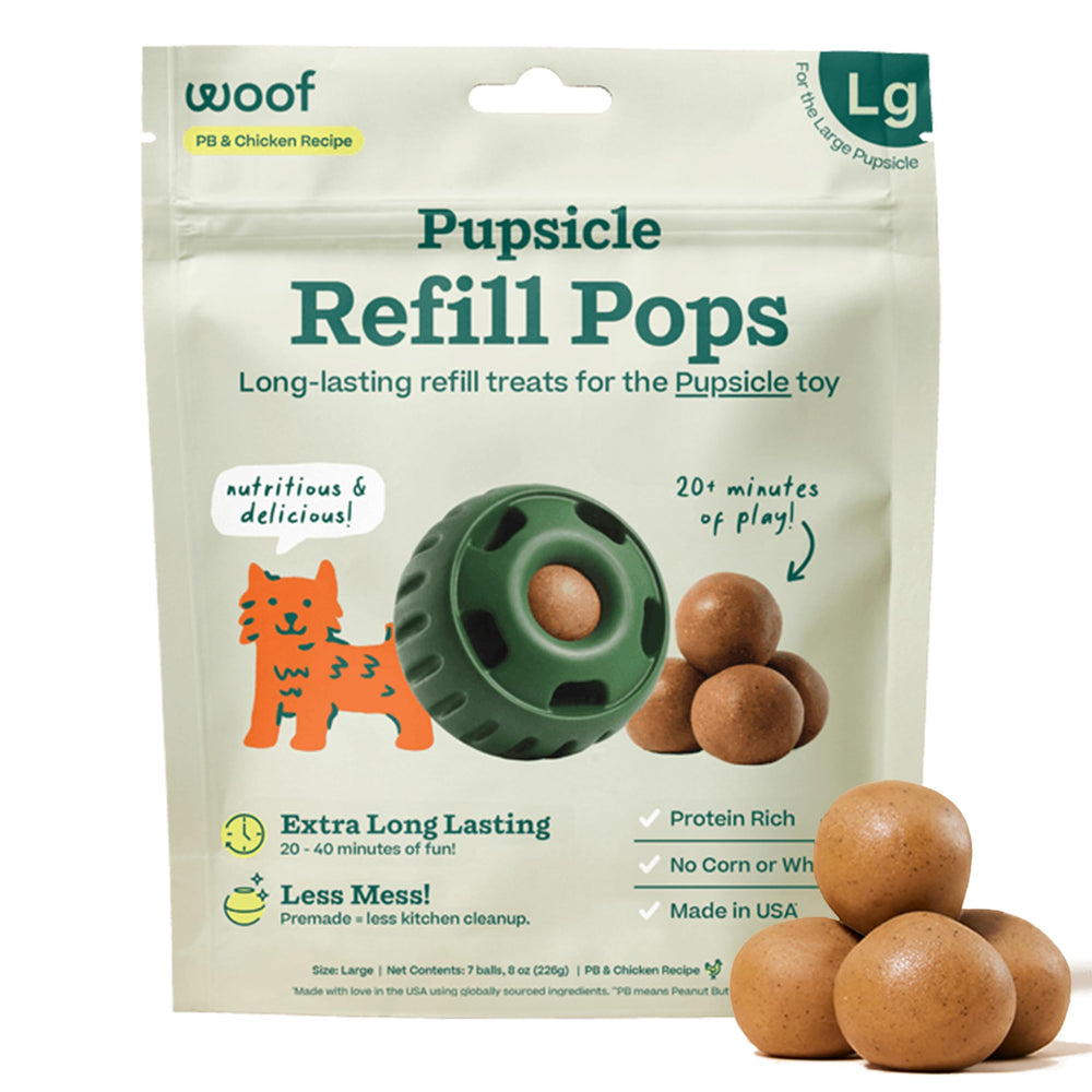 WOOF Pupsicle Chicken Refill Pops packaging highlights shelf-stable, mess-free treat solution for busy dog owners.