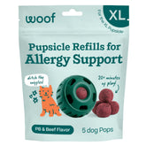 Woof Pupsicle refill pop closeup shows a durable toy with allergy-support treat.