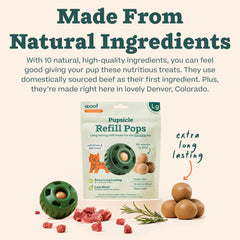 WOOF Pupsicle Refill Pop ingredients highlighted with peanut butter and beef