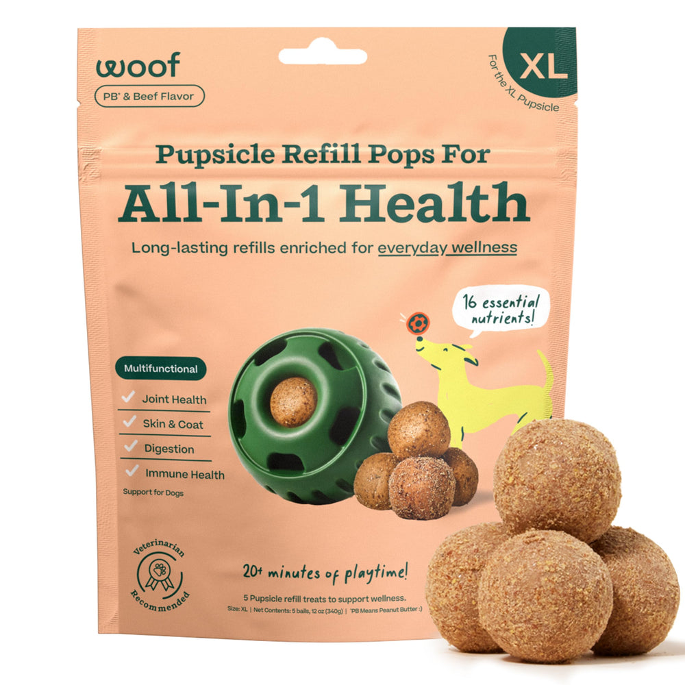 WOOF Pupsicle Refill Pops pack shot highlights long play and health benefits