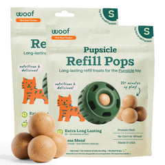 WOOF Pupsicle refill pops packaging demonstrates mess-free, ready-to-serve treats for on-the-go dogs.
