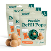 WOOF Pupsicle Refill Pops packaging highlights shelf-stable, mess-free dog treats for adventures