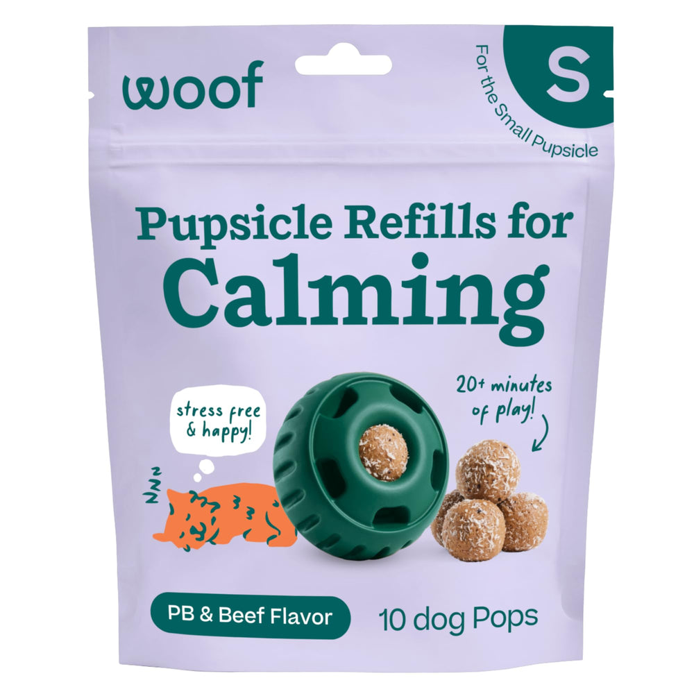 WOOF Pupsicle Refill Pops packaging showing convenient on-the-go calming treats