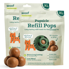 WOOF Pupsicle Refill Pops packaging highlights shelf-stable, ready-to-serve treats for busy owners.