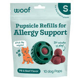 Woof Pupsicle Refill Pops packaging highlights premium ingredients for dogs.