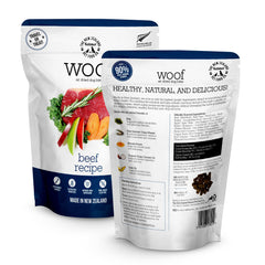 Woof toppers-trainer beef-recipe close-up shows versatile meal additions for dogs.