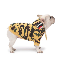 Woof Trails camo dog hoodie yellow XXL chest close-up highlighting secure fit and stretch
