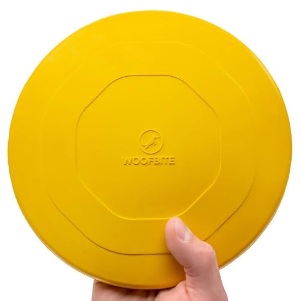 WoofBite Indestructible Dog Disc 8in yellow for high-visibility fetch and play.