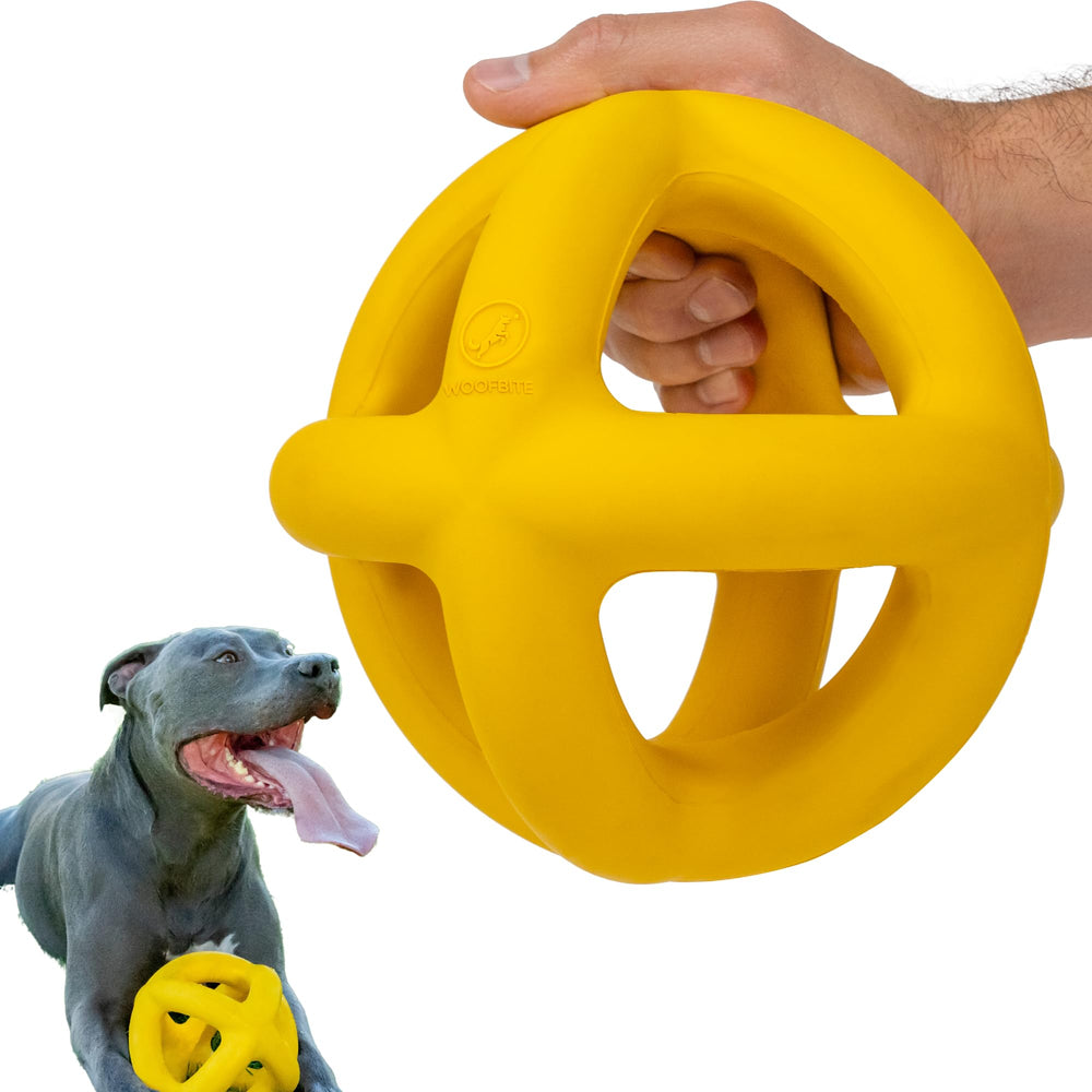 WoofBite indestructible giant XL dog ball round yellow improves visibility and durable play