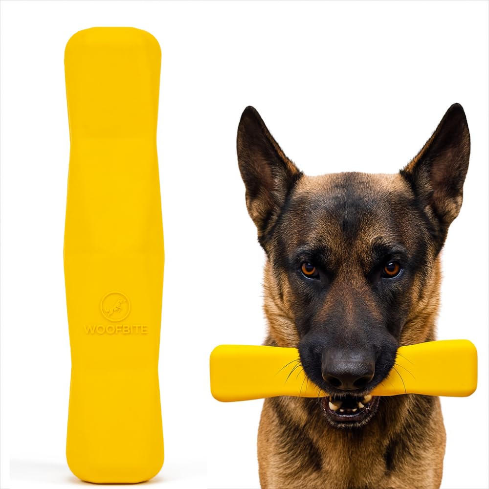 WoofBite indestructible stick dog toy yellow close-up for aggressive chewers