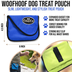 Woofhoof blue treat pouch with magnetic flap enables one-handed, no-spill reward access.