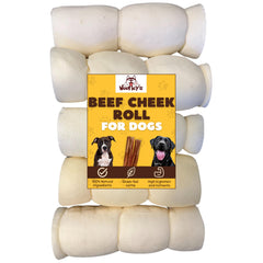 Woofley's buffalo beef cheek roll packaging—natural, long-lasting dog chew.