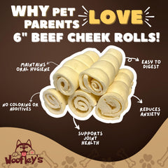 Woofley's buffalo beef cheek roll texture close-up highlights dense chew surface.