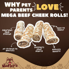 Woofley's beef-cheek-roll close-up texture highlights chew-friendly surface for power chewers.