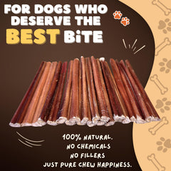 Woofley's bully stick close-up highlights natural beef chew for small dogs.