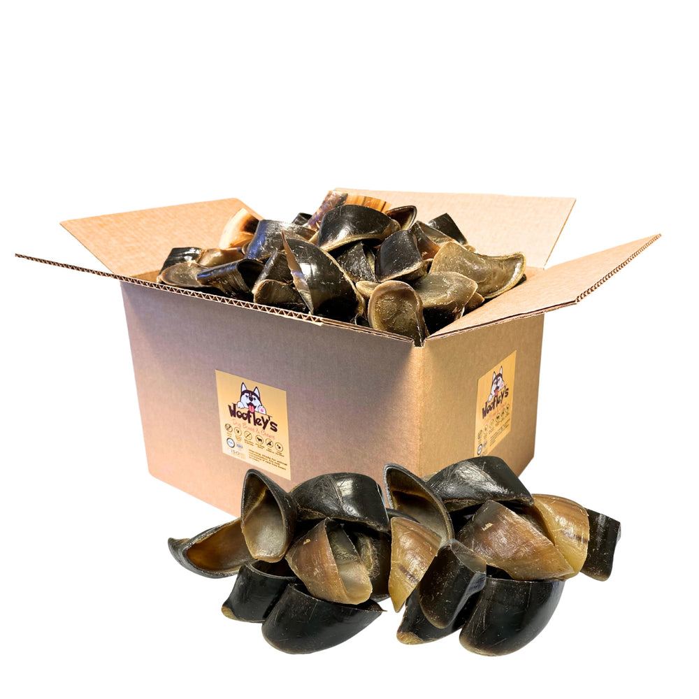 Woofley's Cow Hooves packaging close-up highlighting natural chew option
