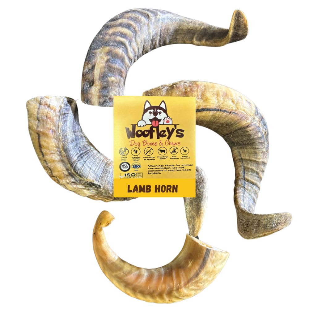 Woofley's Lamb Horn Chews packaging showcases durable, long-lasting dog chews.