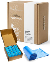 Wooflinen unscented poop bag rolls shown in packaging for tidy storage and quick cleanup