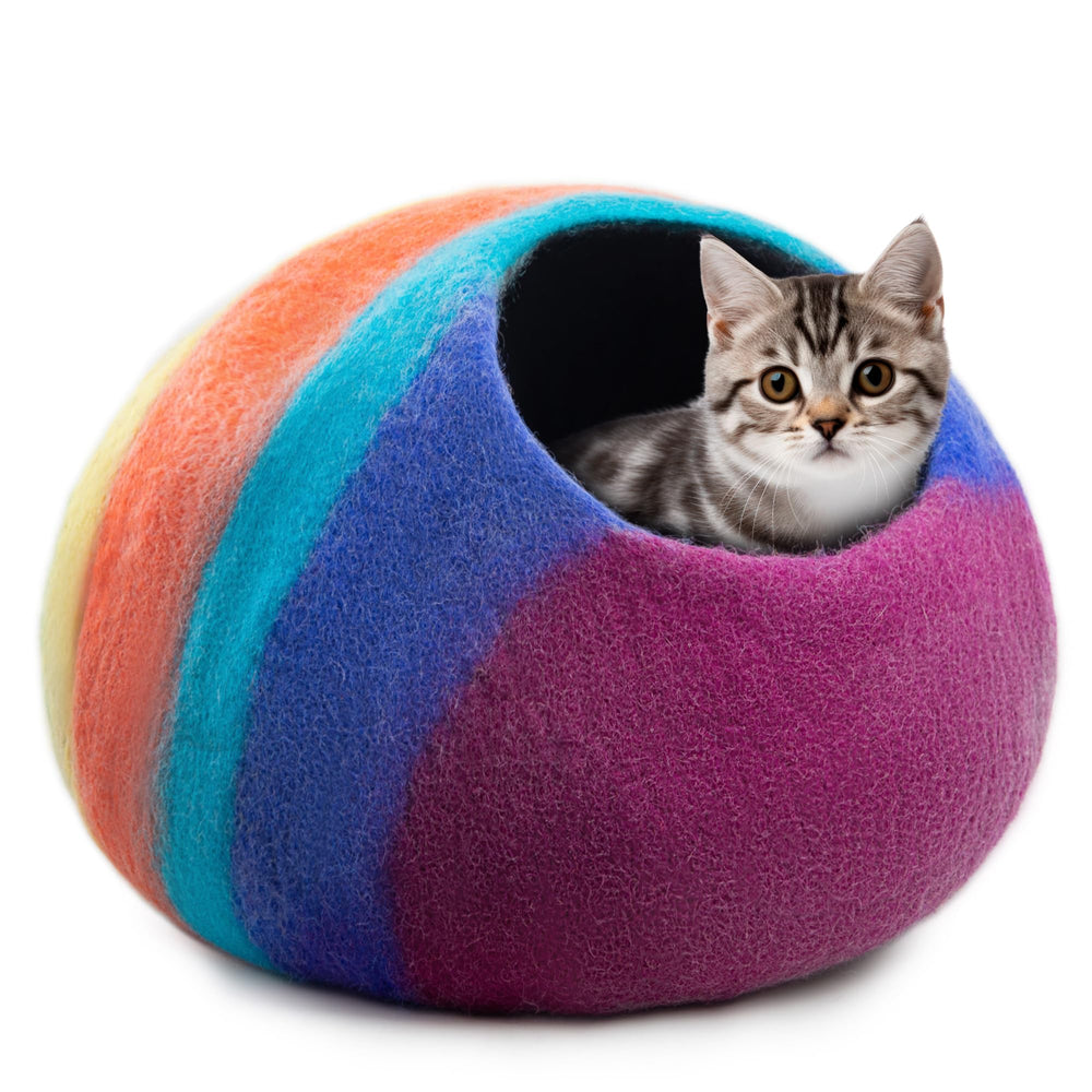 Woolygon Premium Felt Cat Cave Bed front view offering a cozy merino wool shelter.