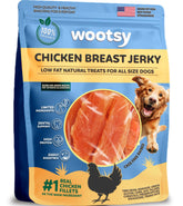 Wootsy Chicken Jerky Dog Treats packaging highlights grain-free real-chicken formula for sensitive stomachs.