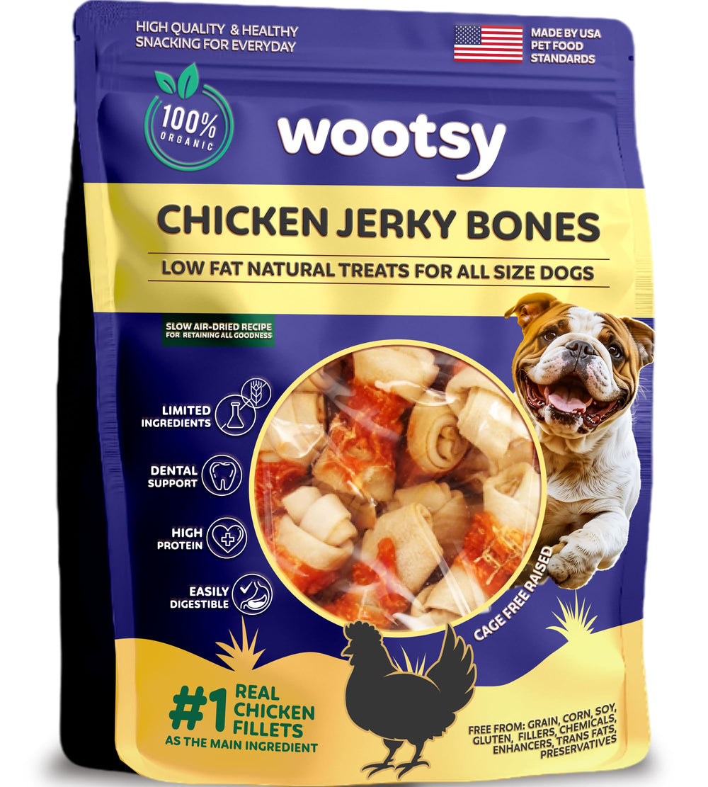 Wootsy Chicken Wrapped Knotted Rawhide Bones pack shot highlighting a durable dental chew.