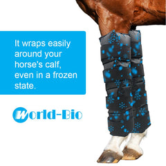 WORLD-BIO horse ice pack on leg wrap demonstrates secure fit.