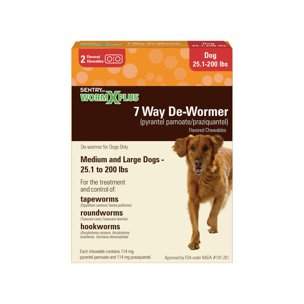 WORM X PLUS bottle showing the 7‑way de‑wormer for dogs.