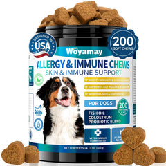 Woyamay 200 dog allergy chews bottle—convenient daily itch relief option.