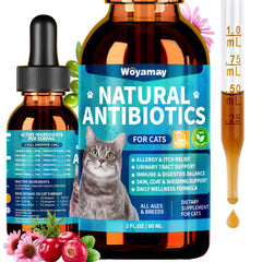 Woyamay antibiotics for cats bottle shows natural blend for allergy relief and digestion support