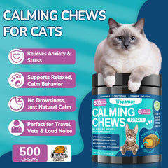 Woyamay cat calming treats bottle back lists ingredients and usage for daily stress relief.
