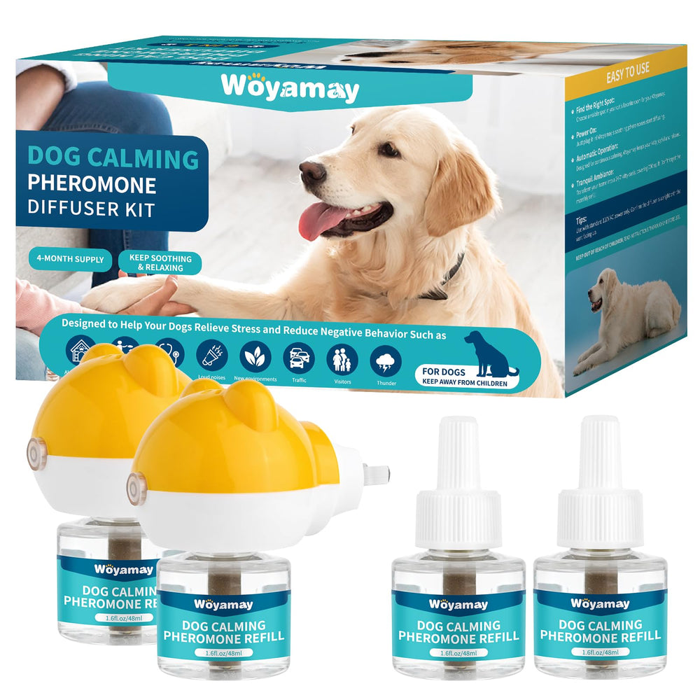 Woyamay dog calming diffuser kit in living room promoting calmer behavior.