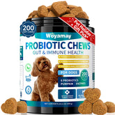 Woyamay Dog Probiotic chews package close-up showing convenient daily digestive support.