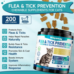Woyamay flea-tick chews bottle and cats demonstrates convenient daily prevention.