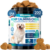 Woyamay hemp calming chews bottle closeup showing hemp blend for calmer dogs.