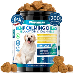 Woyamay hemp calming chews bottle closeup showing hemp blend for calmer dogs.