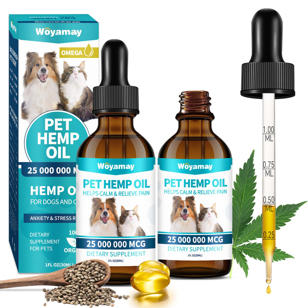 Woyamay hemp oil drops bottle pour illustrates convenient dosing for calming pets