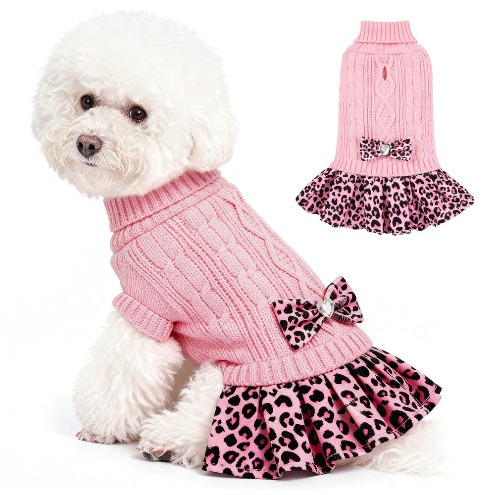 WOYYHO dog sweater dress with bowtie in pink leopard, stylish for photos and daily wear.